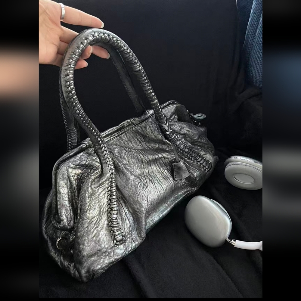 Salvatore Ferragamo Metallic Black Braided-Handle Shoulder Bag